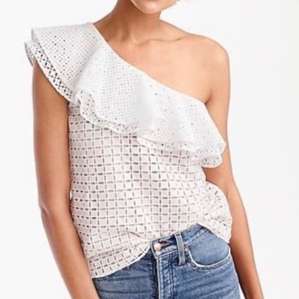NWT J. Crew Woman’s White one Shoulder Ruffle Eyelet Cropped Top Blouse